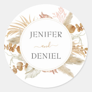Neutral Palm and Pampas Flower Decor Wedding Classic Round Sticker