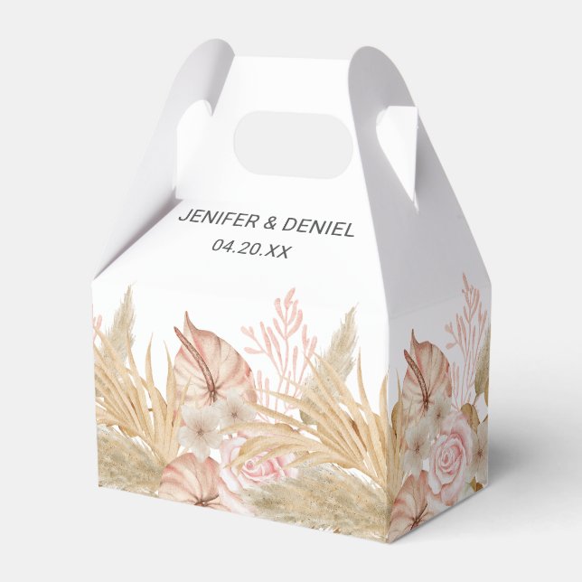 Neutral Palm and Pampas Flower Decor Wedding Favour Box (Front Side)