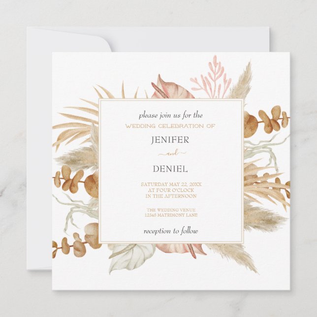 Neutral Palm and Pampas Flower Decor Wedding Invitation (Front)