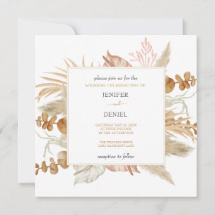 Neutral Palm and Pampas Flower Decor Wedding Invitation