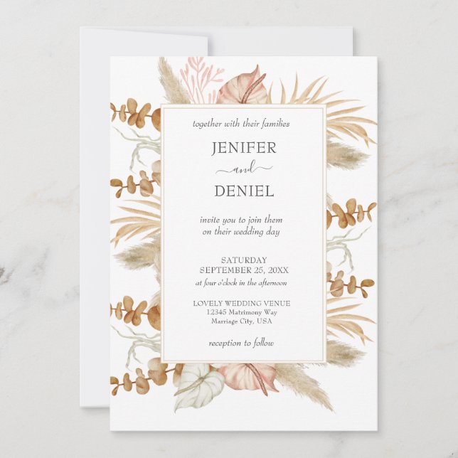 Neutral Palm and Pampas Flower Decor Wedding Invitation (Front)