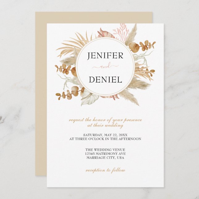 Neutral Palm and Pampas Flower Decor Wedding Invitation (Front/Back)