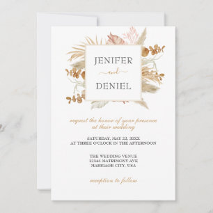 Neutral Palm and Pampas Flower Decor Wedding Invitation