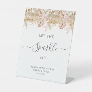 Neutral Palm and Pampas Flower Decor Wedding Pedestal Sign