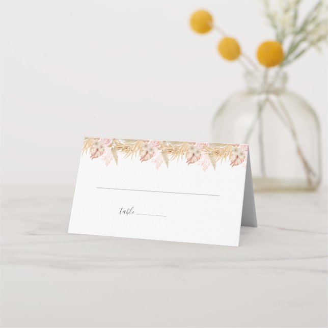 Neutral Palm and Pampas Flower Decor Wedding Place Card (Front)