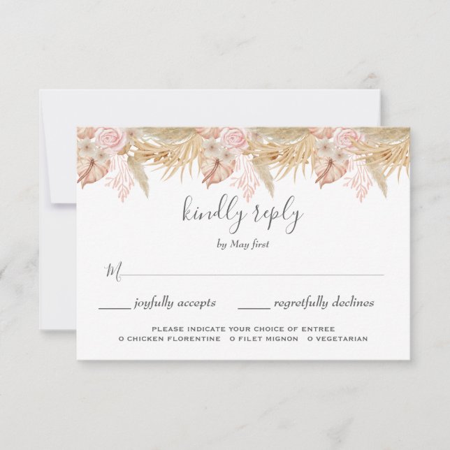 Neutral Palm and Pampas Flower Decor Wedding RSVP Card (Front)