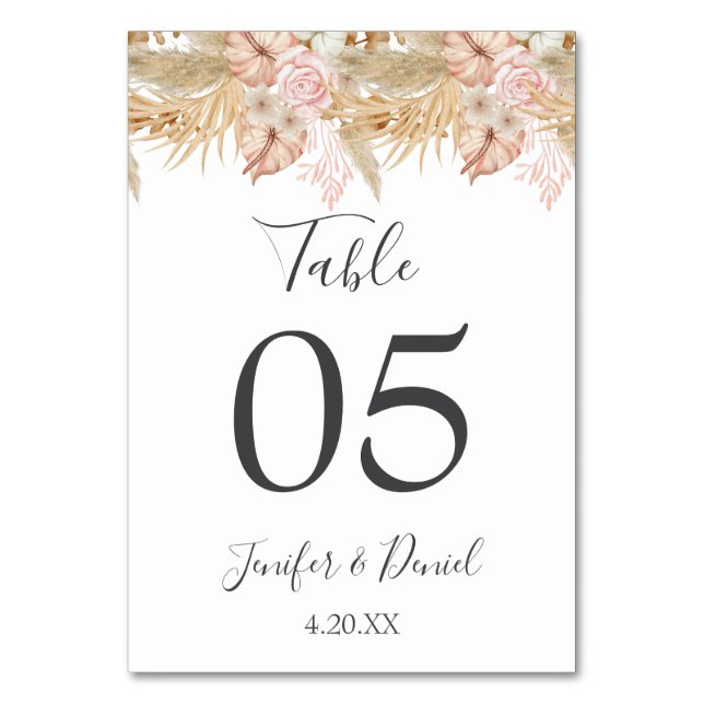 Neutral Palm and Pampas Flower Decor Wedding Table Number (Front)