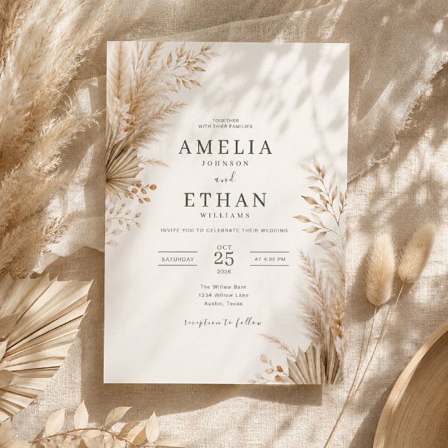 Neutral Pampas Botanical Wedding Invitation (Neutral Pampas Botanical invitation with elegant boho florals and timeless earthy tones.)
