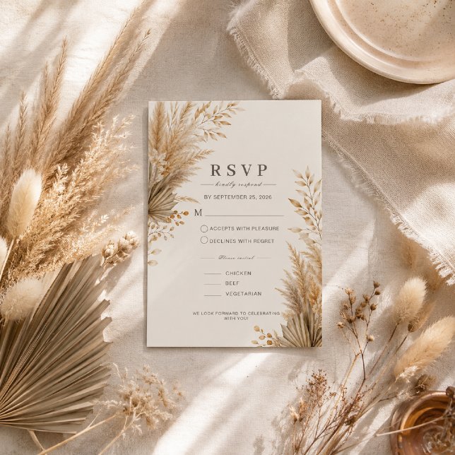 Neutral Pampas Botanical Wedding RSVP Card (Neutral Pampas RSVP card with elegant botanicals and minimalist boho style.)