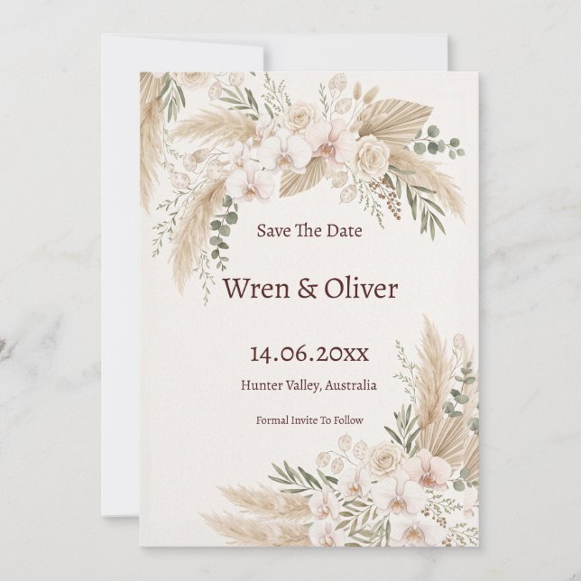 Neutral Pampas Floral Save the Date Card (Front)