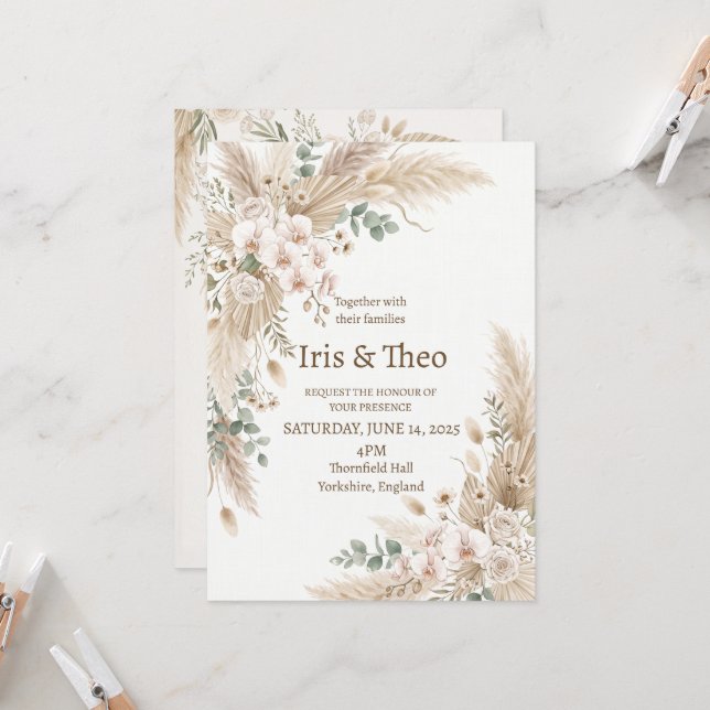 Neutral Pampas Floral Wedding Invitation (Front/Back In Situ)
