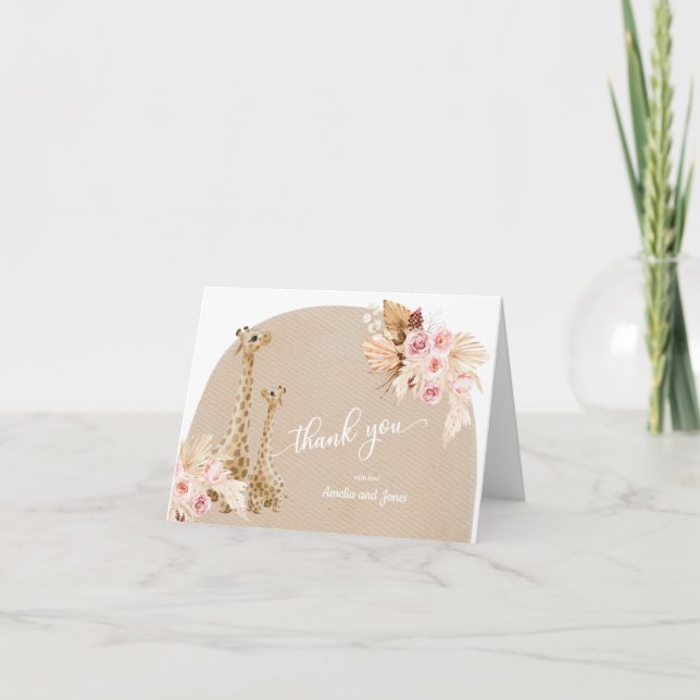 Neutral Pampas Grass Giraffe Baby Shower  Thank You Card (Front)