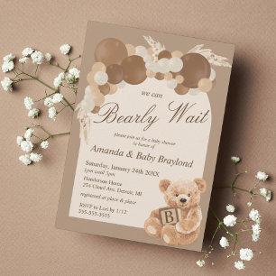 Neutral Pampas Grass Teddy Bear Baby Shower Invitation