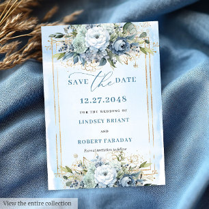 Neutral Pastel Blue White Gold Flowers Save Date Invitation