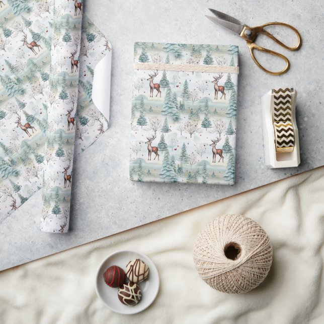 Neutral pastel sage green winter forest reindeer wrapping paper (Crafts)