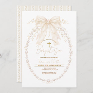 Neutral Pearl Oval Watercolor Girl Christening Invitation
