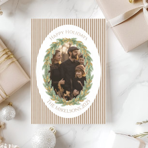 Neutral Pine Wreath Photo Christmas Holiday Card