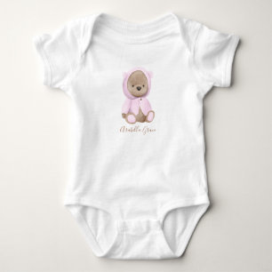 Neutral Pink Teddy Bear Personalised Name Baby Bodysuit
