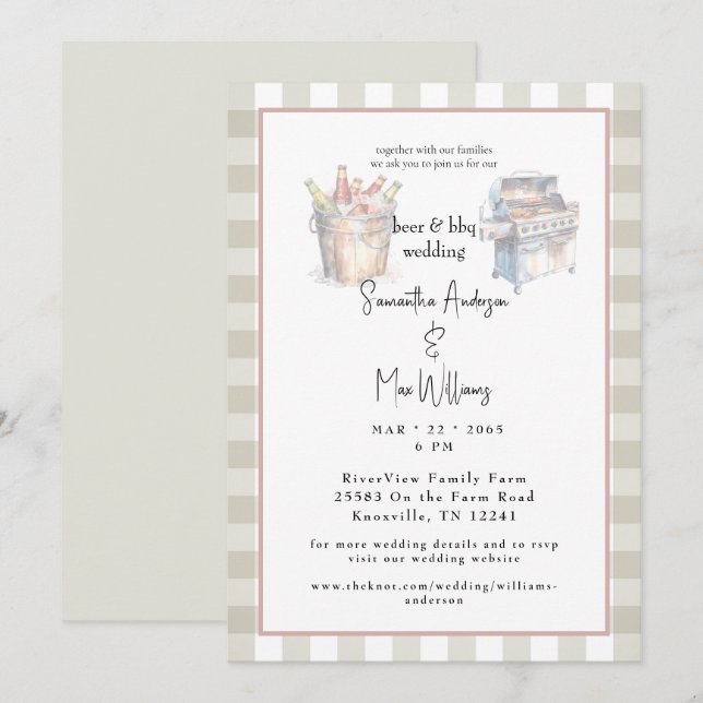 Neutral Plaid Beer & BBQ Wedding Invitation (Front/Back)
