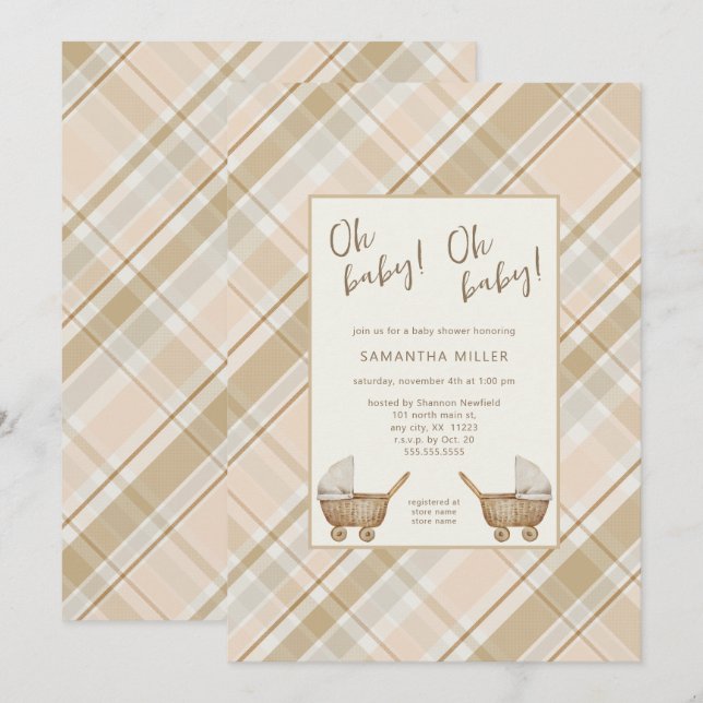 Neutral Plaid carriage twins baby shower  Invitation (Front/Back)