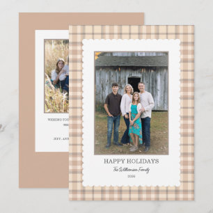 Neutral Plaid Scallop Frame Photo Christmas  Holiday Card