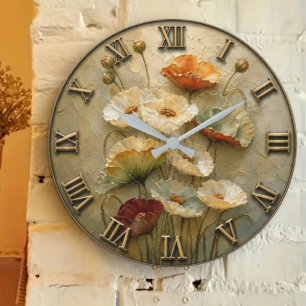 Neutral Poppy Elegant Vintage Botanical Decor Large Clock