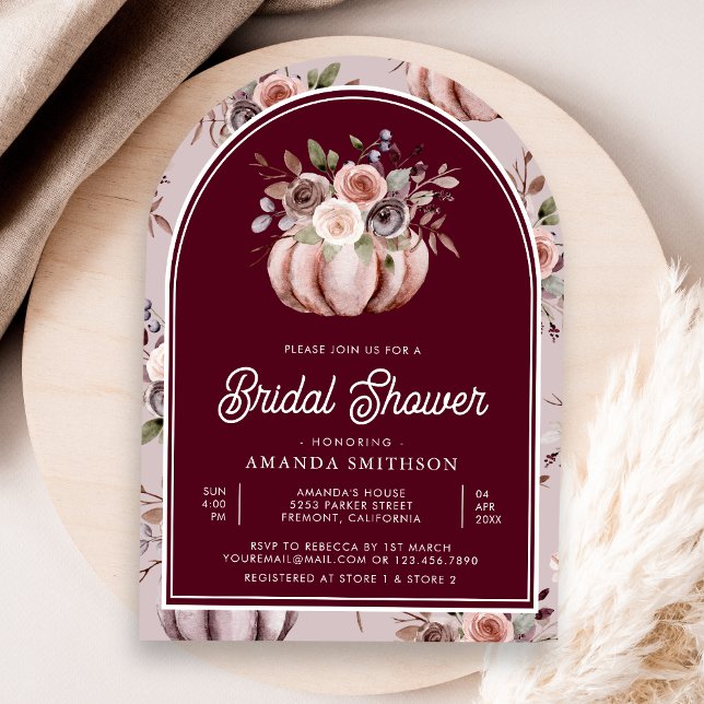 Neutral Pumpkin Floral Arch Burgundy Bridal Shower Invitation (Creator Uploaded)