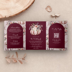Neutral Pumpkin Floral QR Code Burgundy Wedding Tri-Fold Invitation