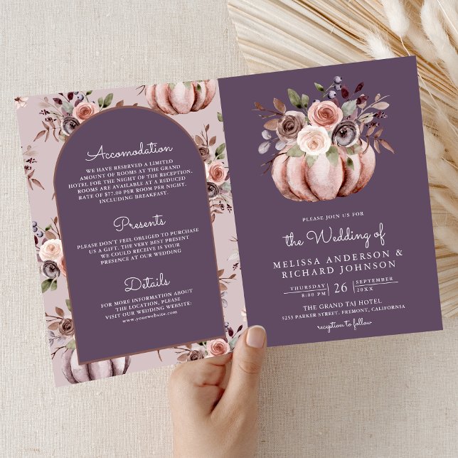Neutral Pumpkin Floral QR Code Pale Purple Wedding Invitation (Creator Uploaded)
