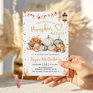 Neutral Pumpkin Patch Gold Glitter Birthday  Invitation