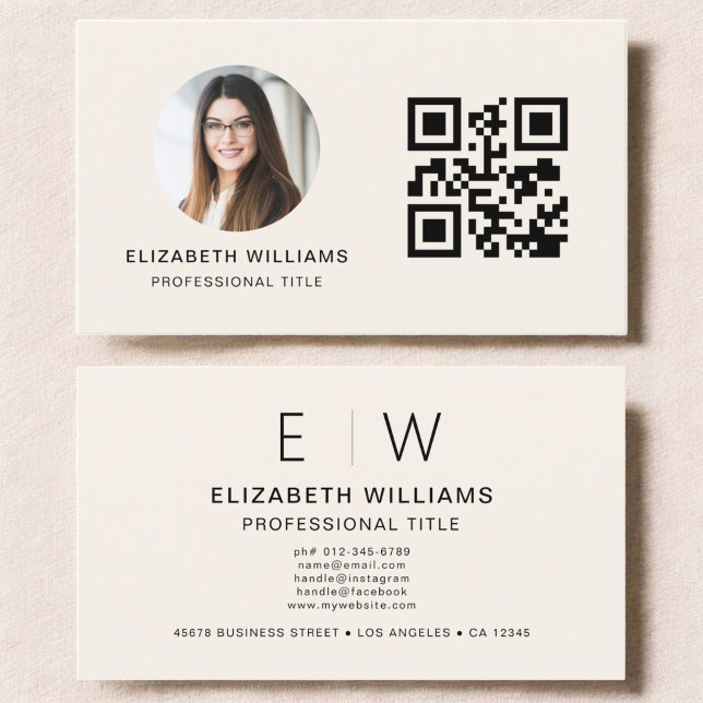 Neutral QR Code Photo Monogram Minimalist Business Card (Creator Uploaded)