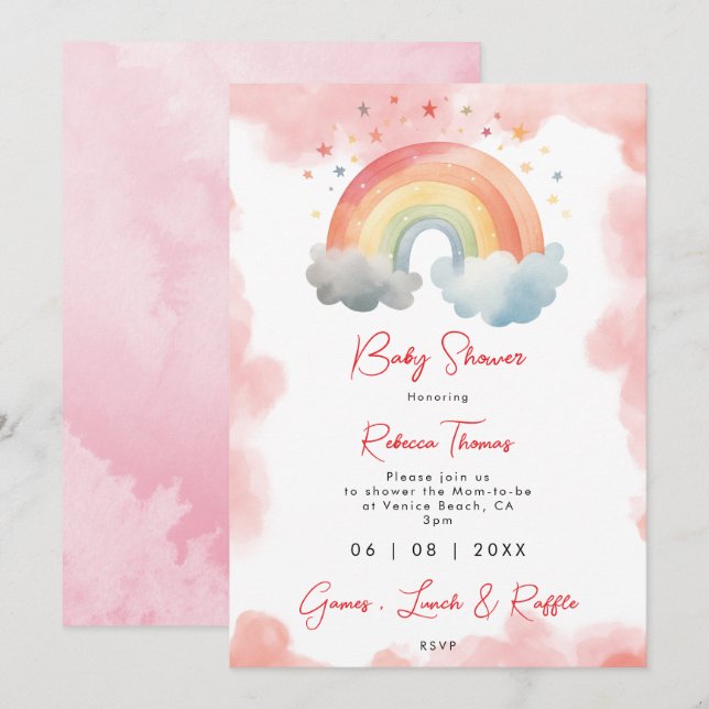 neutral rainbow orange baby shower invitation (Front/Back)
