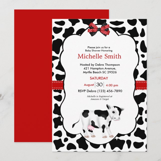 Neutral Red Black Cow Print Baby Shower Invitation (Front/Back)