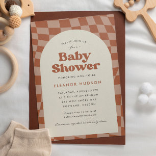 Neutral Retro Groovy 70s Chequerboard Baby Shower Invitation