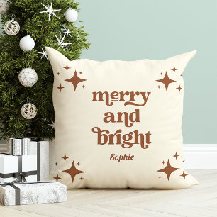 Neutral Retro Stars   Merry and Bright Christmas Cushion