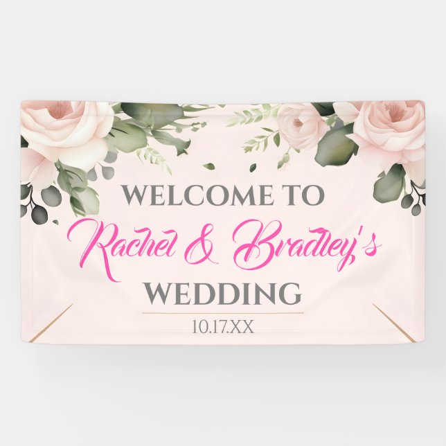 Neutral Rose Greenery Wedding Frame Customise  Banner (Horizontal)