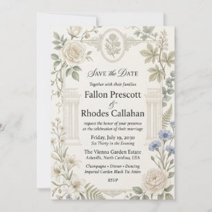 Neutral Roses, Cornflowers, White Lilies, Eucalypt Invitation