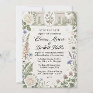 Neutral Roses, Foxgloves, White Anemones, Clover, Invitation