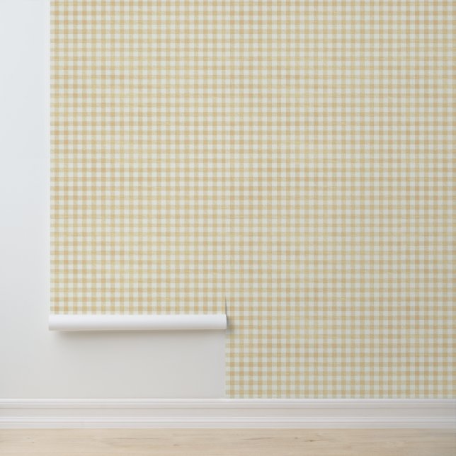 Neutral Rustic Beige Cream Small Gingham Pattern Wallpaper (Application)