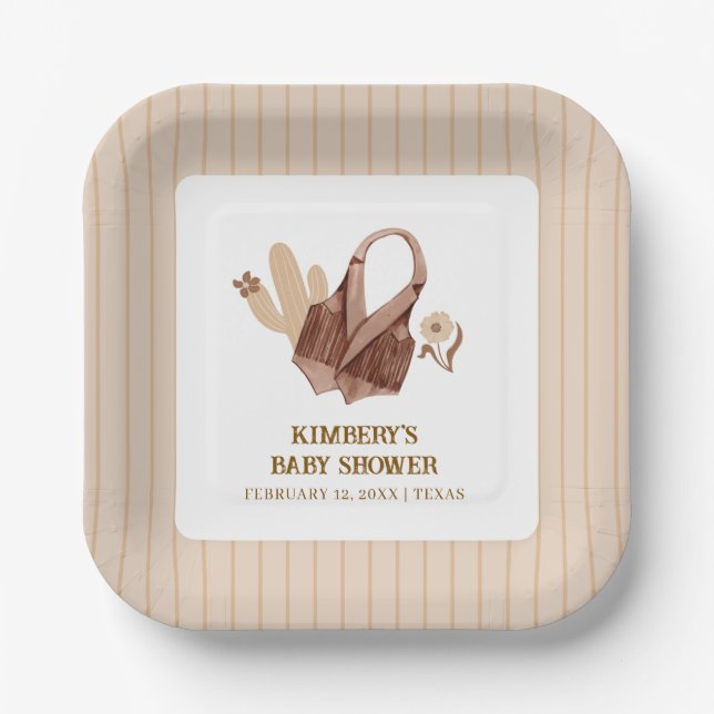 Neutral Rustic Boho Cactus Cowgirl Baby Shower  Paper Plate (Front)