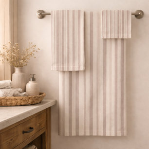 Neutral Rustic Farmhouse Striped Beige & Taupe Bath Towel Set