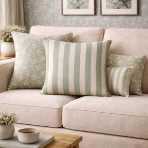 Neutral Rustic Sage Green Stripe Farmhouse Cottage Cushion