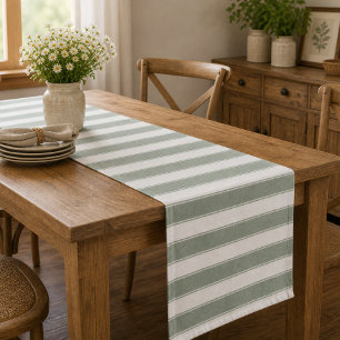 Neutral Rustic Sage Green Stripe Farmhouse Cottage Short Table Runner