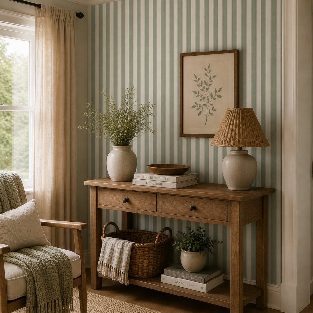 Neutral Rustic Sage Green Stripe Farmhouse Cottage Wallpaper (Creator Uploaded)