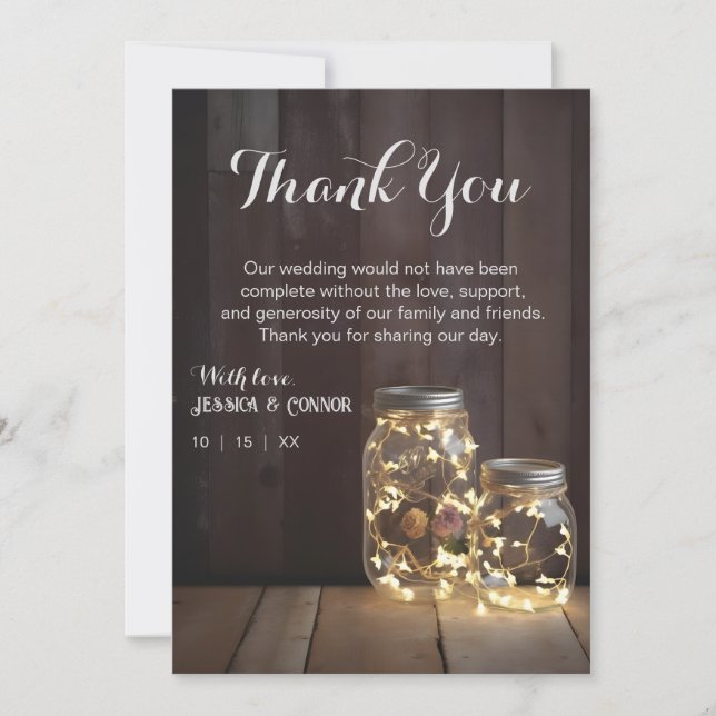 Neutral Rustic Wood Barn Wedding Mason Jar Lights Thank You Card (Front)
