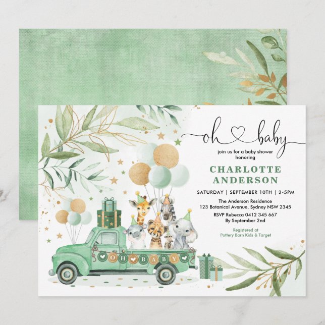 Neutral Safari Animals Greenery Gold Baby Shower Invitation (Front/Back)