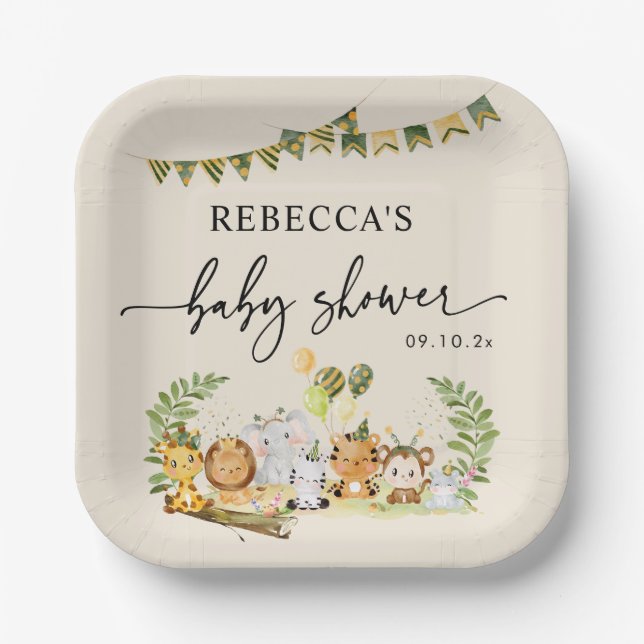 Neutral Safari Jungle Party Baby Shower  Paper Plate (Front)