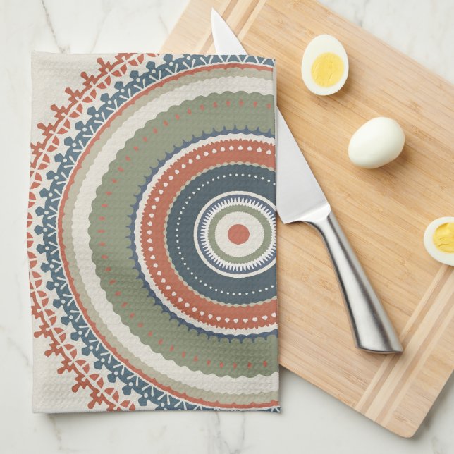 Neutral Sage Blue Multi Mandala Tea Towel (Quarter Fold)