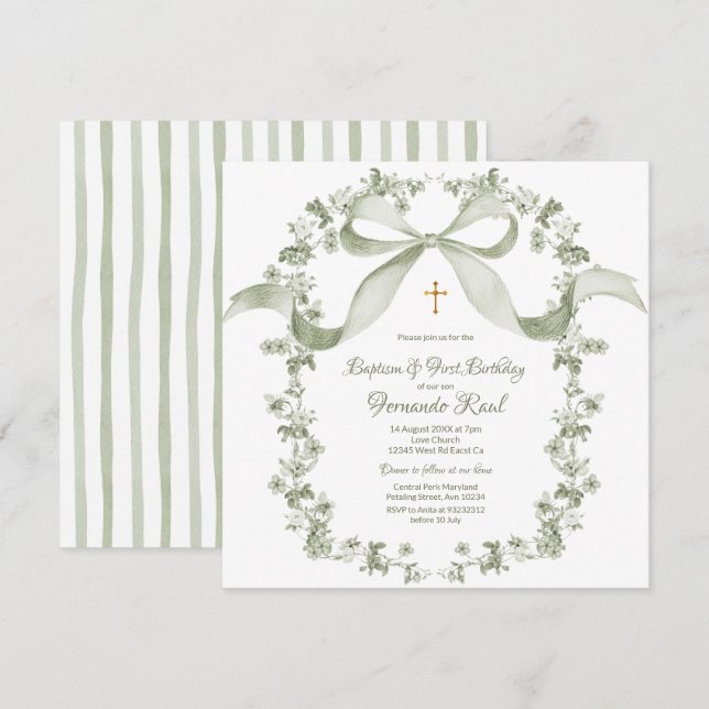 Neutral Sage Green Baptism Elegant French Toile Invitation (Front/Back)