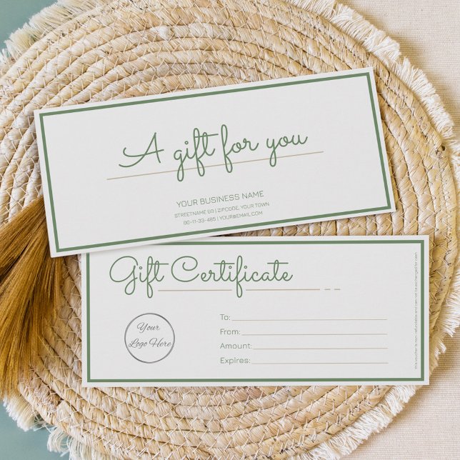 Neutral sage green logo business gift certificate (Creator Uploaded)